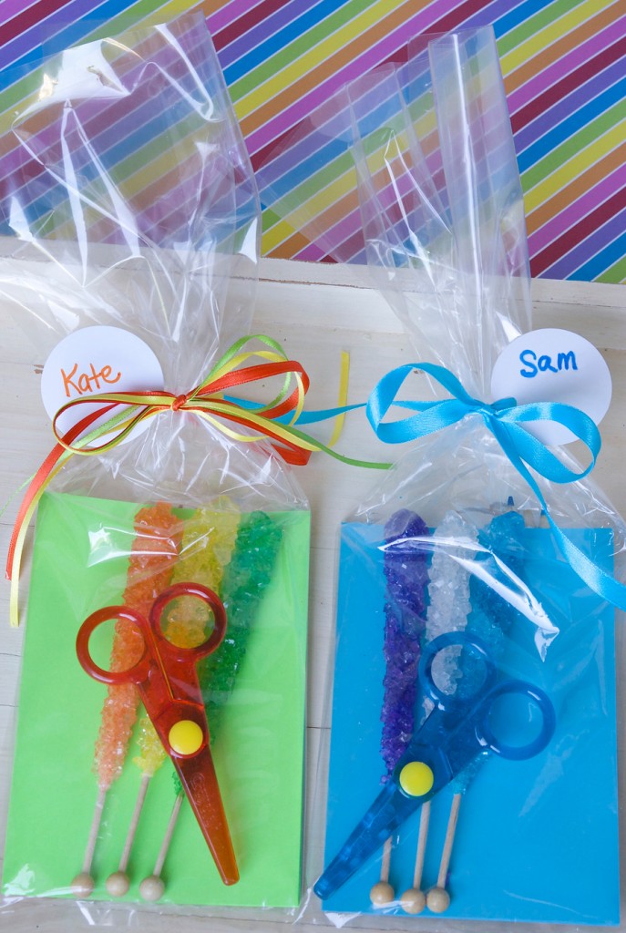 Rock, Paper Scissors Party Favors!  Make with rock candy, colorful paper, and safety scissors. Instant party fun! |Sweeterville.com