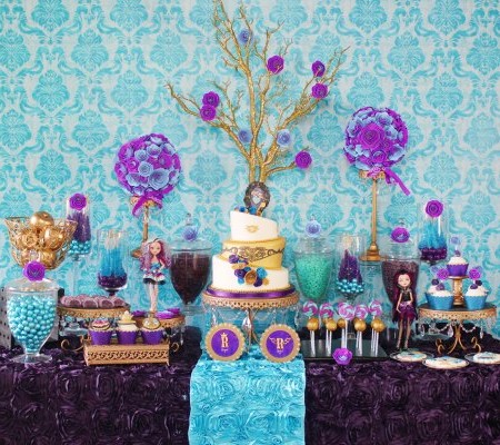 Blue and purple candy buffet table